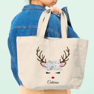 Bolsa Tote Grande Nome Personalizado da Reinador de Natal Floral