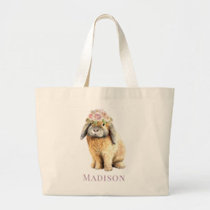 Bolsa Tote Grande Nome Personalizado do Coelho Floral de Coelho de W