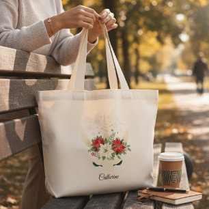 Bolsa Tote Grande Nome Personalizado do Unicórnio de Natal Floral