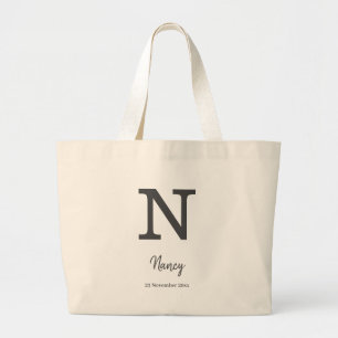 Bolsa Tote Grande Nome personalizado e letra monograma de data "N"