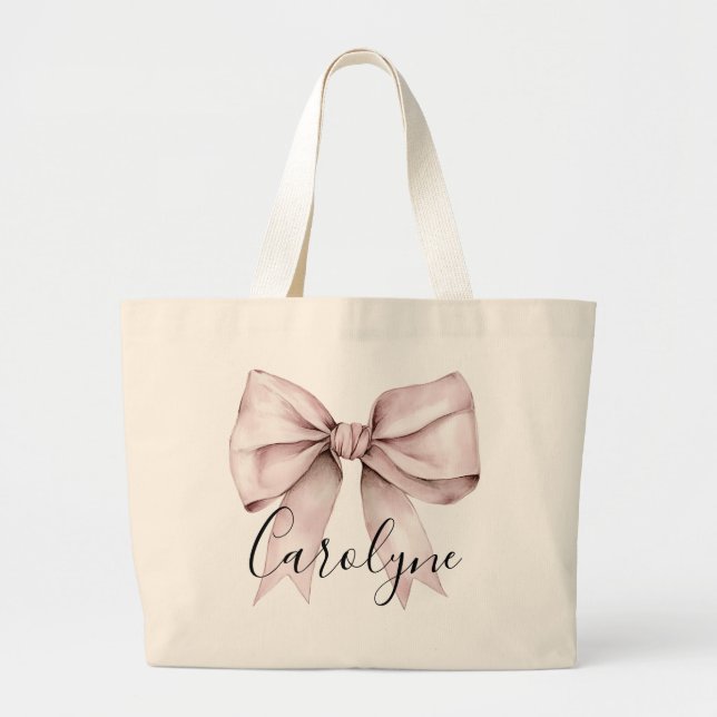 Bolsa Tote Grande Nome personalizado estética coquette laço rosa (Frente)