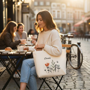 Bolsa Tote Grande Nome Personalizado Floral Moderno