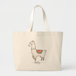 Bolsa Tote Grande Nome Personalizado Llama Cute Rainbow