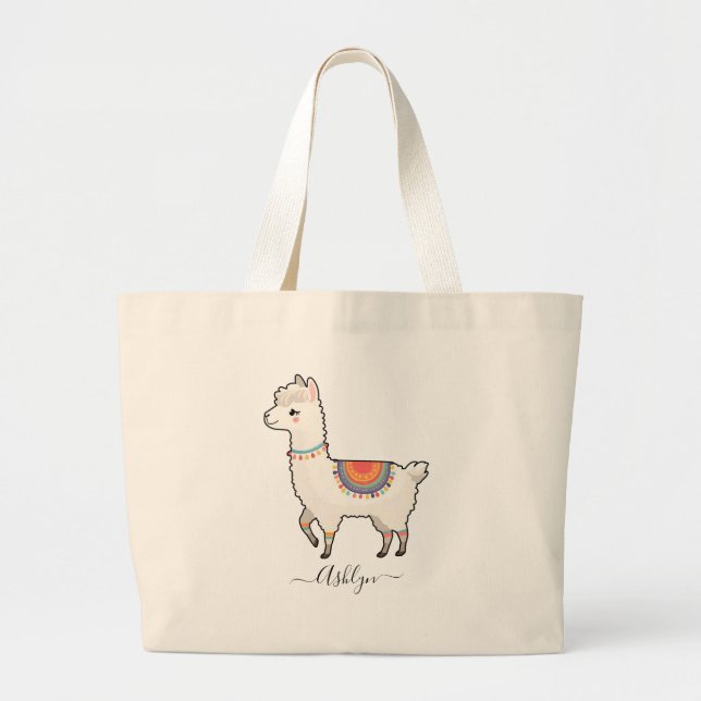 Bolsa Tote Grande Nome Personalizado Llama Cute Rainbow (Frente)