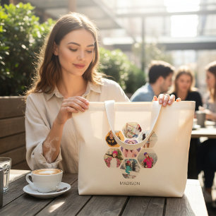 Bolsa Tote Grande Nome Personalizado Moderno da Colagem de Fotografi