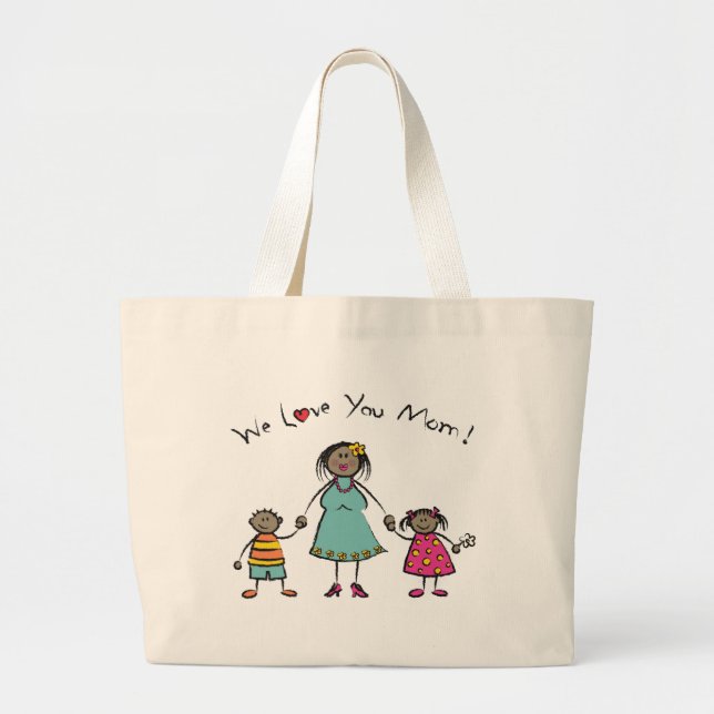 Bolsa Tote Grande Nós Te Amo Mãe Família Cartoon Feliz Dia de as mãe (Frente)