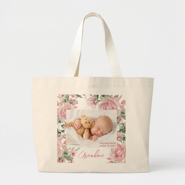 Bolsa Tote Grande Novo Bebê Floral de Fotografia Personalizada (Frente)