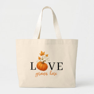 Bolsa Tote Grande O AMOR cresce aqui   Letra Pumpkin no outono