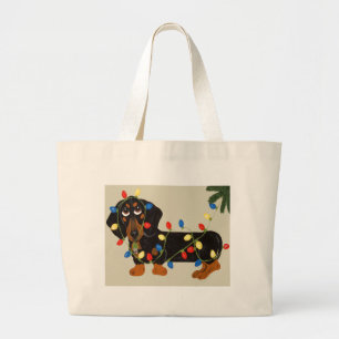 Bolsa Tote Grande O Dachshund Tangled no preto das luzes de