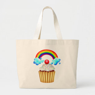 Bolsa Tote Grande O partido do cupcake com arco-íris & polvilha