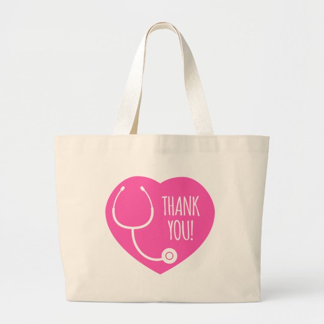 Bolsa Tote Grande Obrigado | Estetoscópio de Coração Rosa (Frente)
