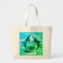 Bolsa Tote Grande Oceano de golfinhos azul e verde monograma |