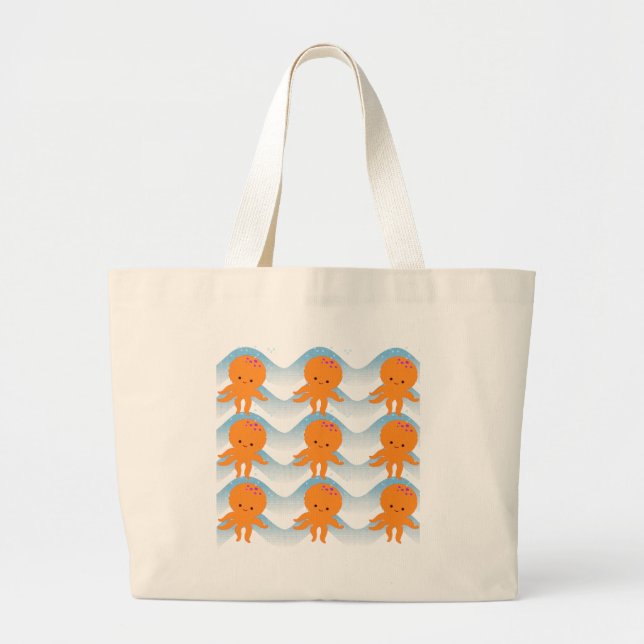 Bolsa Tote Grande Octopus Laranja E Padrão De Ondas Azuis (Frente)