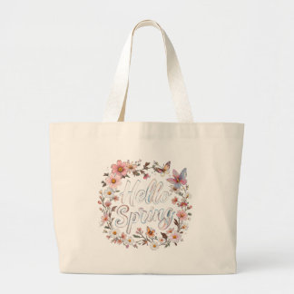 Bolsa Tote Grande Olá Coroa de Borboleta Floral de Primavera com Flo