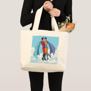 Bolsa Tote Grande Os dois super-heróis de Slipperyjoe beijando perso