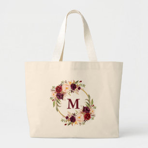 Bolsa Tote Grande Ouro floral do monograma da grinalda de Borgonha