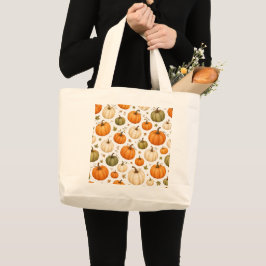 Bolsa Tote Grande Padrão de Abóbora Aquarela Abóboras de Outono
