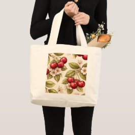 Bolsa Tote Grande Padrão de Flor de Cerejeira Vintage Cerejas Vermel
