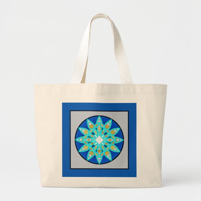 Bolsa Tote Grande Padrão de Mandala em cobalto, cinza e turquesa (Frente)