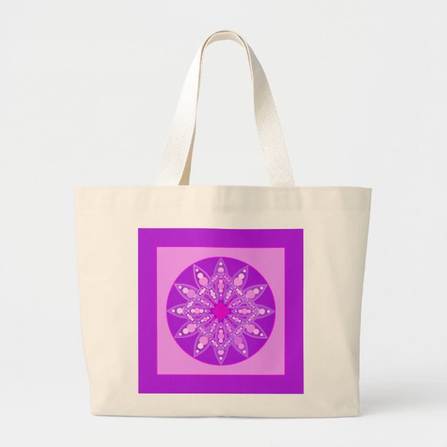 Bolsa Tote Grande Padrão de mandala em violeta, orquídea e rosa (Frente)