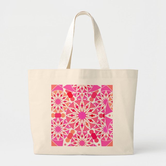 Bolsa Tote Grande Padrão de mandala, tons de rosa e coral (Frente)
