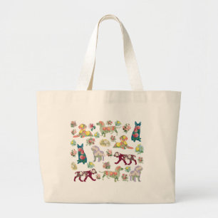 Bolsa Tote Grande Padrão Vintage Watercolor Flowers & Dogs