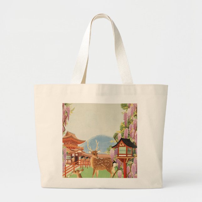 Bolsa Tote Grande Paisagem JAPONESA | veado sagrado de Nara | templo (Frente)