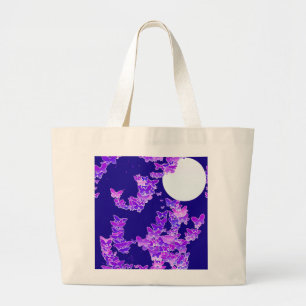 Bolsa Tote Grande Paisagem lunar com borboletas - lilás, azul escuro