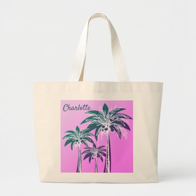 Bolsa Tote Grande Palm Tree Pink Bold Preppy Beach Summer Name (Frente)