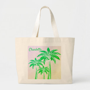Bolsa Tote Grande Palm verde Árvore rosa-sol Sky Beach Summer Name