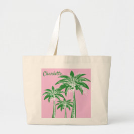 Bolsa Tote Grande Palm verde rosa Árvore preppy Beach Summer Name