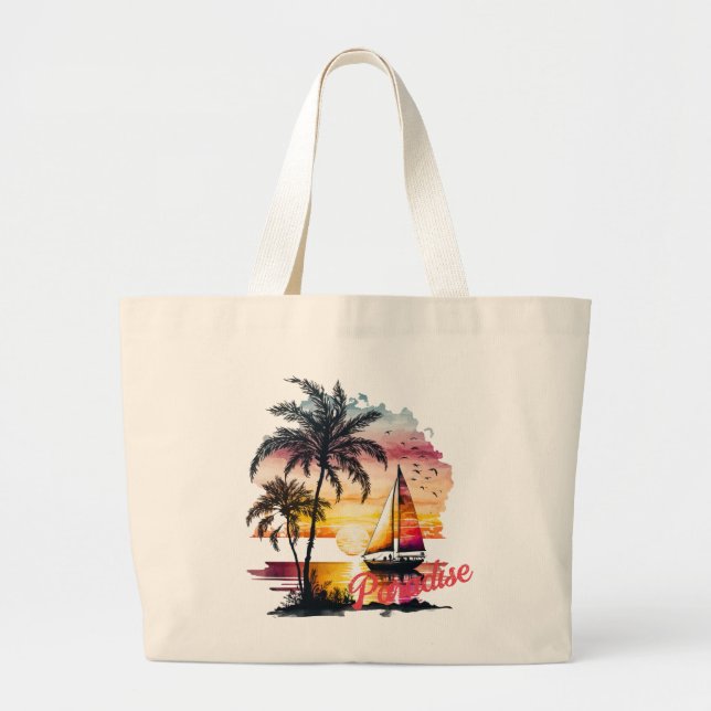 Bolsa Tote Grande Palmas de veleiro cor-de-rosa tropical (Frente)