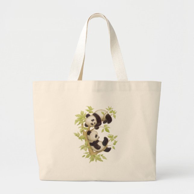 Bolsa Tote Grande Pandas que jogam em uma árvore (Frente)
