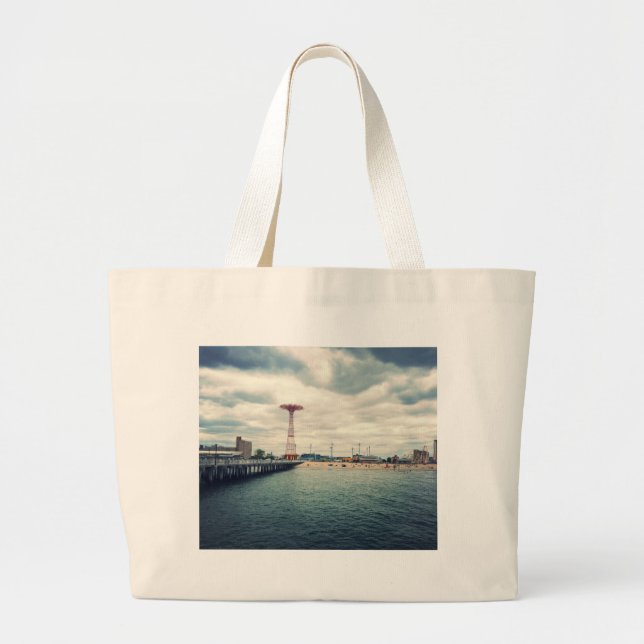 Bolsa Tote Grande Panorama da praia de Coney Island (Frente)