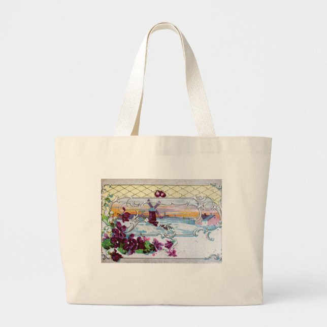 Bolsa Tote Grande Pansias ROMANTICA,Violetas,Floral de inverno (Frente)