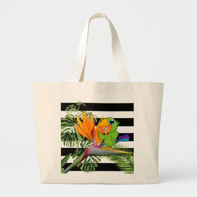 Bolsa Tote Grande Papagaio, Caudados, Folhas de Palma, Stripes (Frente)
