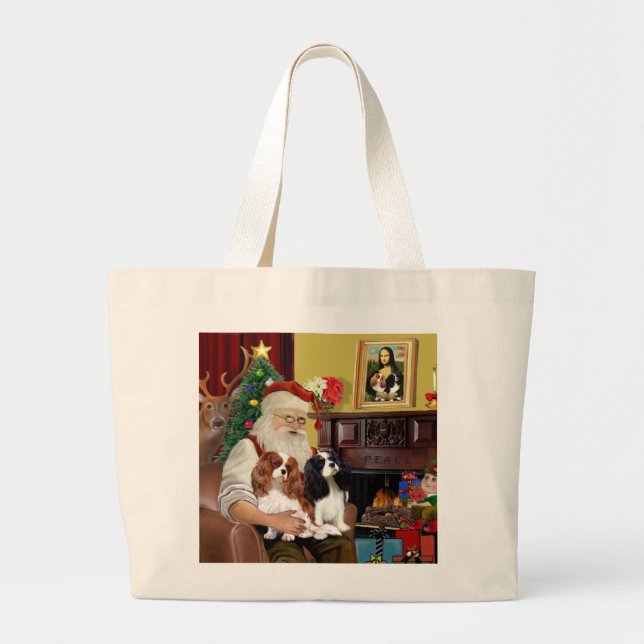 Bolsa Tote Grande Papai Noel em casa com seus dois Cavalier King Cha (Frente)