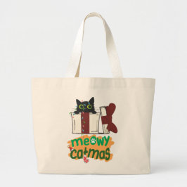 Bolsa Tote Grande Papais noeis pretos Gato enredado em luzes de árvo
