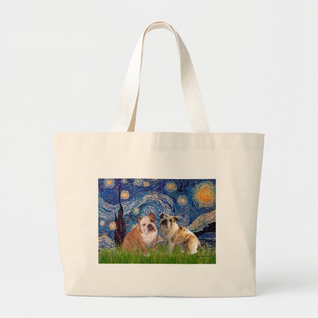 Bolsa Tote Grande Par de Bulldog Inglês 2 - Noite Estrelada (Frente)