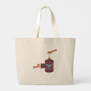 Bolsa Tote Grande Pássaro Livre Gaiola Arte Folclórica Mãos e Páss
