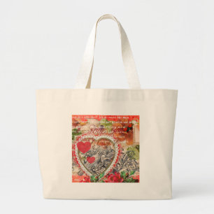 Bolsa Tote Grande Pássaros do Amor Coração Arte Colagem Vermelha