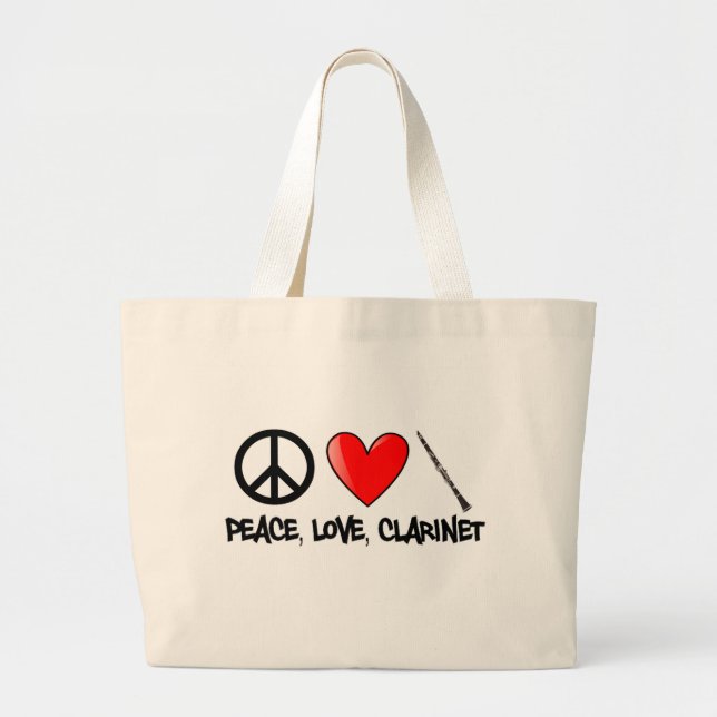 Bolsa Tote Grande Paz, amor, e clarinete (Frente)
