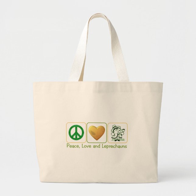 Bolsa Tote Grande Paz, amor e Leprechauns (Frente)
