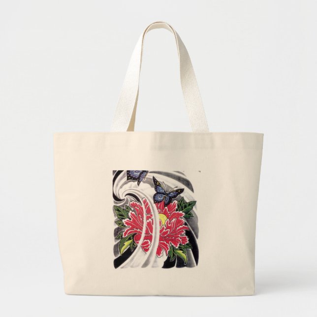 Bolsa Tote Grande Peony Flower e Butterfly Tattoo Design (Frente)
