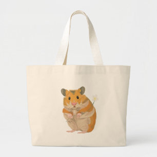 Bolsa Tote Grande Pequeno Hamster bonito segurando uma flor