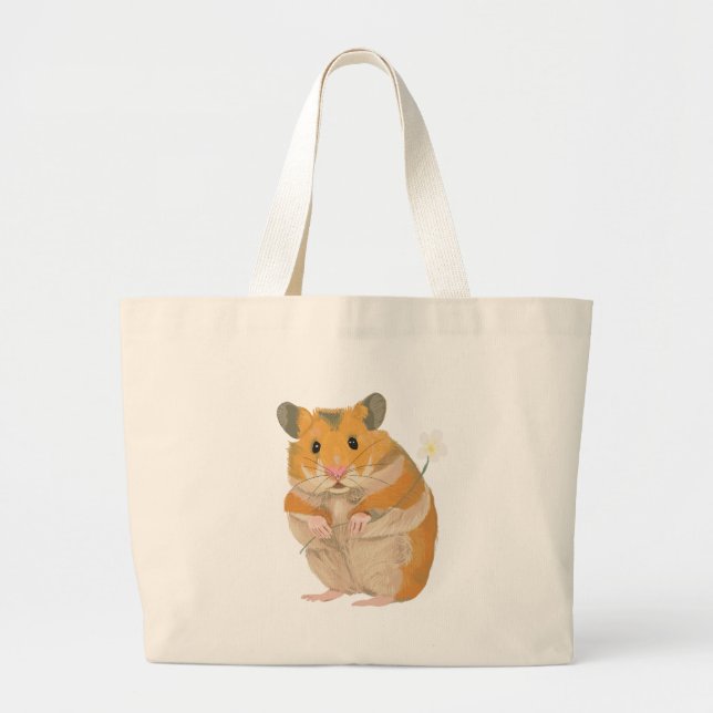 Bolsa Tote Grande Pequeno Hamster bonito segurando uma flor (Frente)