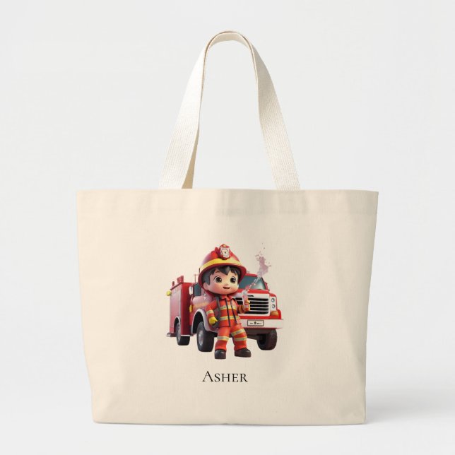 Bolsa Tote Grande Personalized Firefighter Boy Cartoon Hero (Frente)