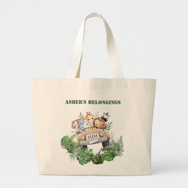 Bolsa Tote Grande Personalized Green Cute Jungle Safari Multipurpose (Frente)
