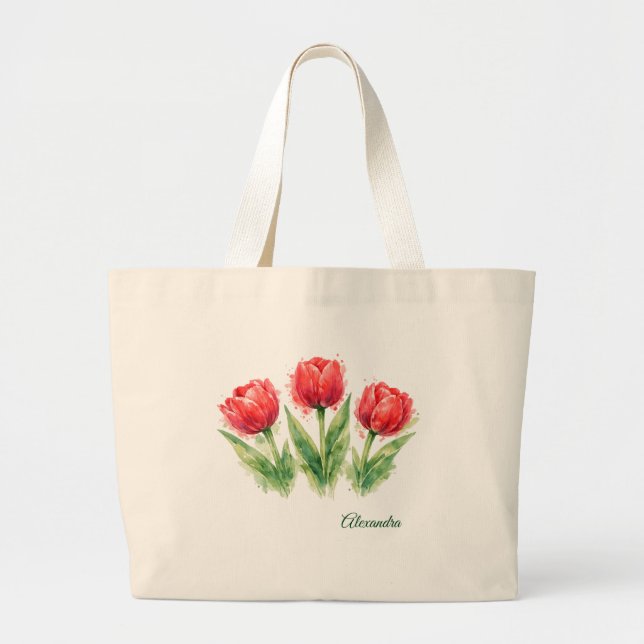 Bolsa Tote Grande Personalized Watercolor Red Tulips Tote Bag (Frente)