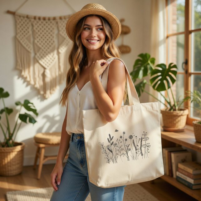 Bolsa Tote Grande Personalized Wildflower Botanical Art Tote Bag (Criador carregado)